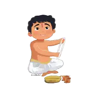 a cartoon drawing of a boy with a red dot on his forehead holding a plate