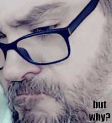 a man with glasses and a beard has the words but why written below him