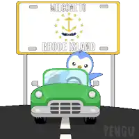 a welcome to rhode island sign with a penguin in a green car