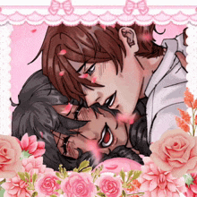 a couple of anime characters laying on top of each other with pink flowers in the background
