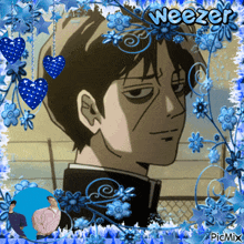 a picture of a man with the word weezer written on it