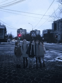 a group of girls standing on a sidewalk with a crosswalk sign in the background