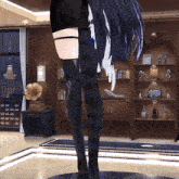a woman in black thigh high boots is standing in a room with shelves