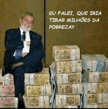 a man in a suit and tie is sitting in front of a pile of money ..