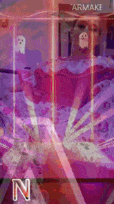 a woman in a pink dress with a ghost on her face and the letter n in the corner