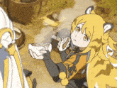 a cartoon drawing of a girl holding a cup of something