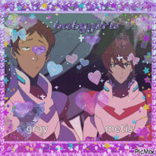 a picture of two anime characters gray and metis with hearts and stars
