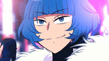 a cartoon character with blue hair and a fur coat is smiling
