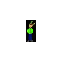 a pixel art of a boy in a green jacket and blue pants standing in a black circle .