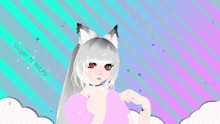 a girl with a fox ear and red eyes says welcome