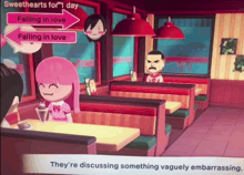 a video game shows a girl and a man sitting at a table in a diner