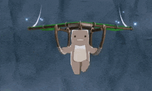 a cartoon character is hanging from a rope with a green stick