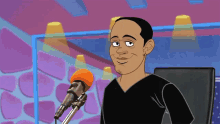 a cartoon man in a black shirt is sitting in front of a microphone