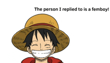 a drawing of luffy from one piece with the words the person i replied to is a femboy