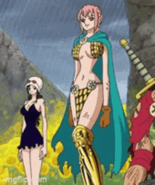 a group of anime characters are standing next to each other .