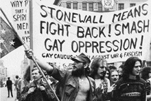 a group of people holding a sign that says stonewall means fight back smash gay oppression