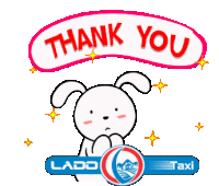 a cartoon rabbit says thank you in a pink speech bubble