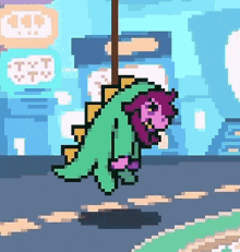 a pixel art of a dinosaur hanging from a pole .