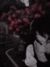a black and white drawing of a person in front of a bush of red roses