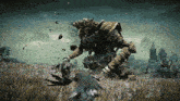 a monster with horns is holding a bird in his hands