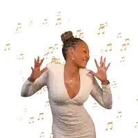 a woman in a white lace dress is dancing in front of a wall of music notes
