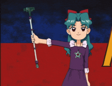 a girl with green hair is holding a cane in front of the word meteor