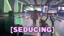 a woman walking down a bowling alley with the words [ seducing ] on the bottom