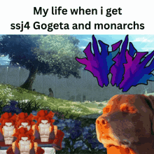 a meme that says my life when i get ssj4 gogeta and monarchs with a dog in the foreground