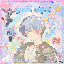 a picture of a boy with blue hair and the words good night on it