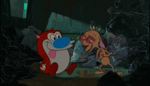 a cartoon of a cat and a dog standing next to each other in a dark room