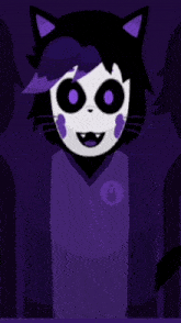 a cartoon of a cat with purple eyes and a purple shirt
