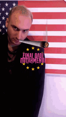 a man is smoking a cigarette in front of an american flag and a shirt that says final daol