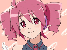 a drawing of a girl with pink hair and a button on her shirt