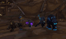 a group of video game characters standing next to each other including a wolf