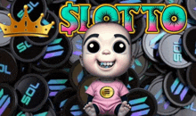 a baby in a pink shirt is sitting in front of a pile of coins with the word lotto written on it