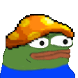 a pixel art of a frog wearing a yellow hat .