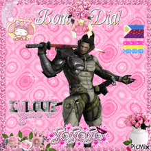 a picture of a man holding a sword with the words bom dia written above him