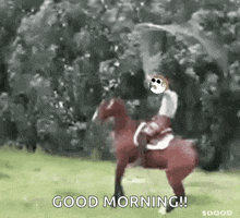 a man is riding a horse in a field with the words `` good morning '' .