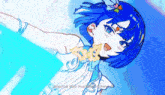 a drawing of a girl with blue hair and a necklace that says ' aoi ' on it