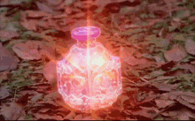 a purple bottle with a heart on it is glowing in the grass