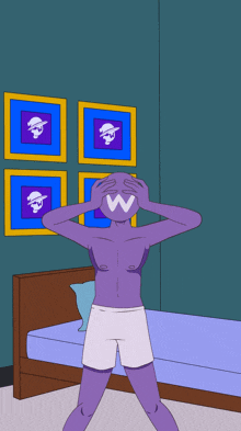 a cartoon of a shirtless man covering his eyes in front of a bed