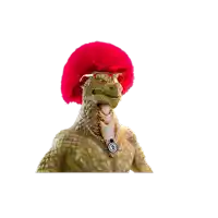 a dinosaur wearing glasses and a necklace with a bitcoin symbol on it