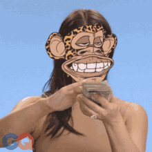 a woman with a monkey mask on her face is holding a stack of money