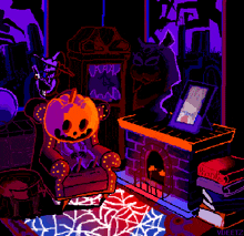 a pixel art of a chair with a pumpkin head on it