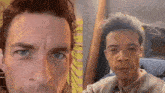 a close up of two men 's faces , one of whom is making a funny face .