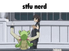 a man and a woman are standing next to each other on a balcony and the word nerd is on the bottom .