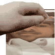 a hand is holding a piece of paper over a man 's face in a pixel art .