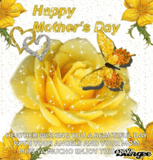 a happy mother 's day card with yellow flowers and butterflies