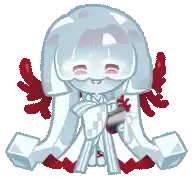 a pixel art drawing of a girl in a white kimono with red wings holding a knife .