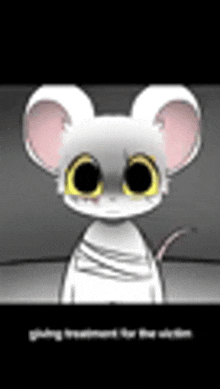 a white mouse with big yellow eyes is sitting on a couch .
